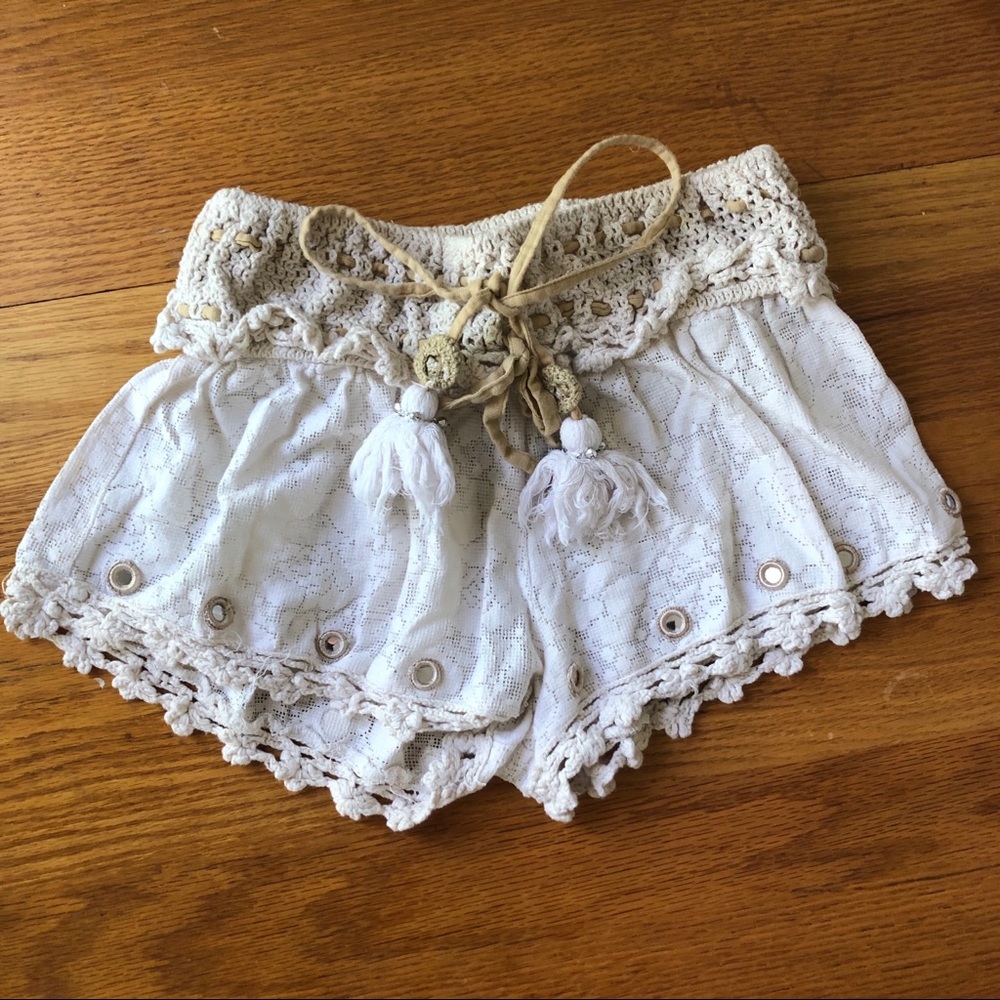 Cream Boho Shorts With Crochet Detailing